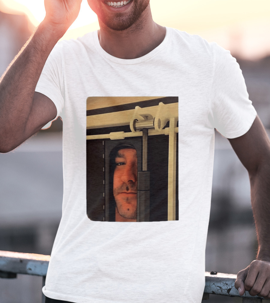 Man Peeking Through Door Face Hidden Observation Doorway T-Shirt