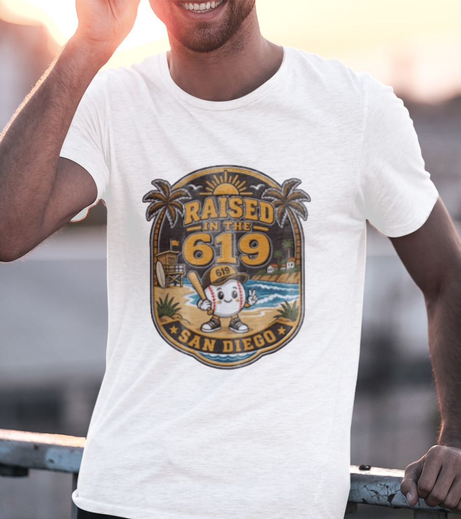 Raised In The 619 Baseball Character San Diego Beach Sunset Palm Trees T-Shirt