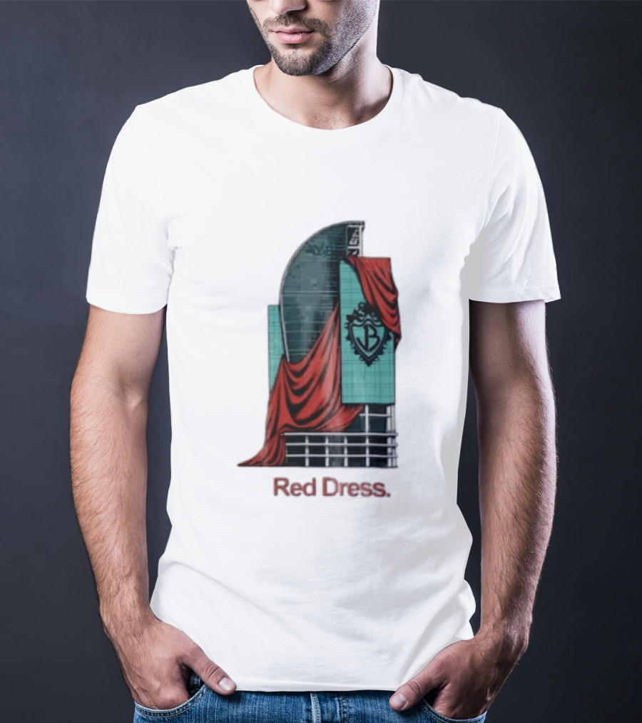 Red Dress Red Drapes Over Modern Skyscraper With Shield T-Shirt