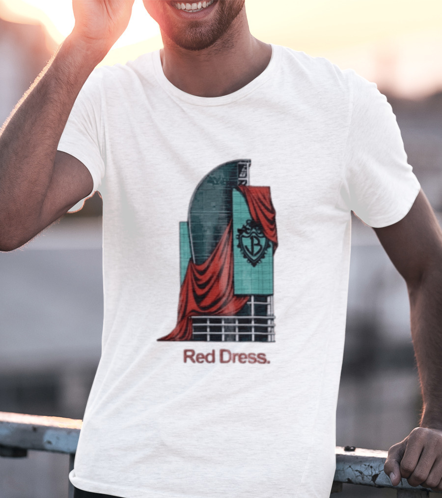 Red Dress Red Drapes Over Modern Skyscraper With Shield T-Shirt