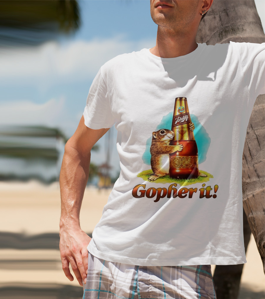 Schlitz Beer Gopher It Bottle Hugging Squirrel Vintage Advertising T-Shirt