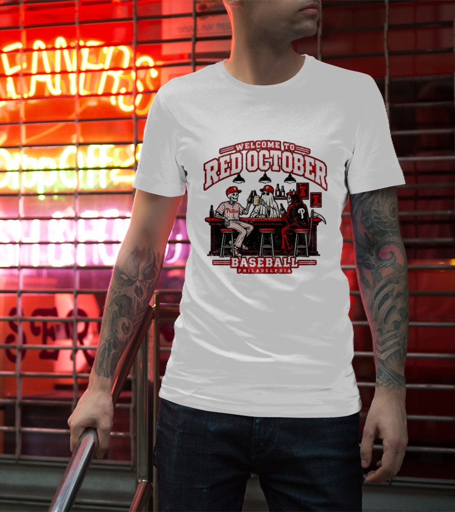 Welcome To Red October Baseball Philadelphia Halloween Skeletons And Ghost At Bar T-Shirt