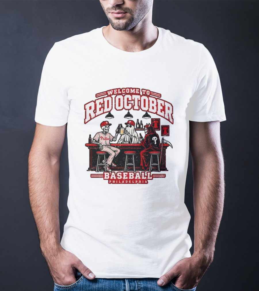 Welcome To Red October Baseball Philadelphia Halloween Skeletons And Ghost At Bar T-Shirt