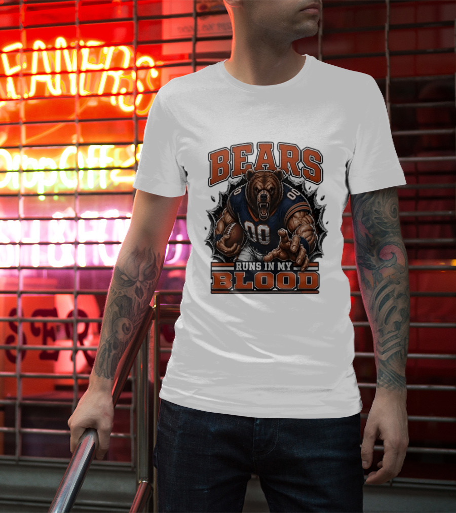Bears Runs In My Blood Football Fierce Bear Holding Ball T-Shirt