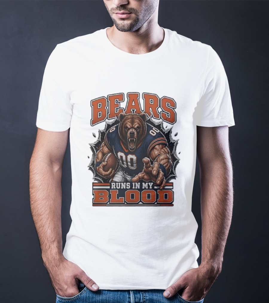 Bears Runs In My Blood Football Fierce Bear Holding Ball T-Shirt