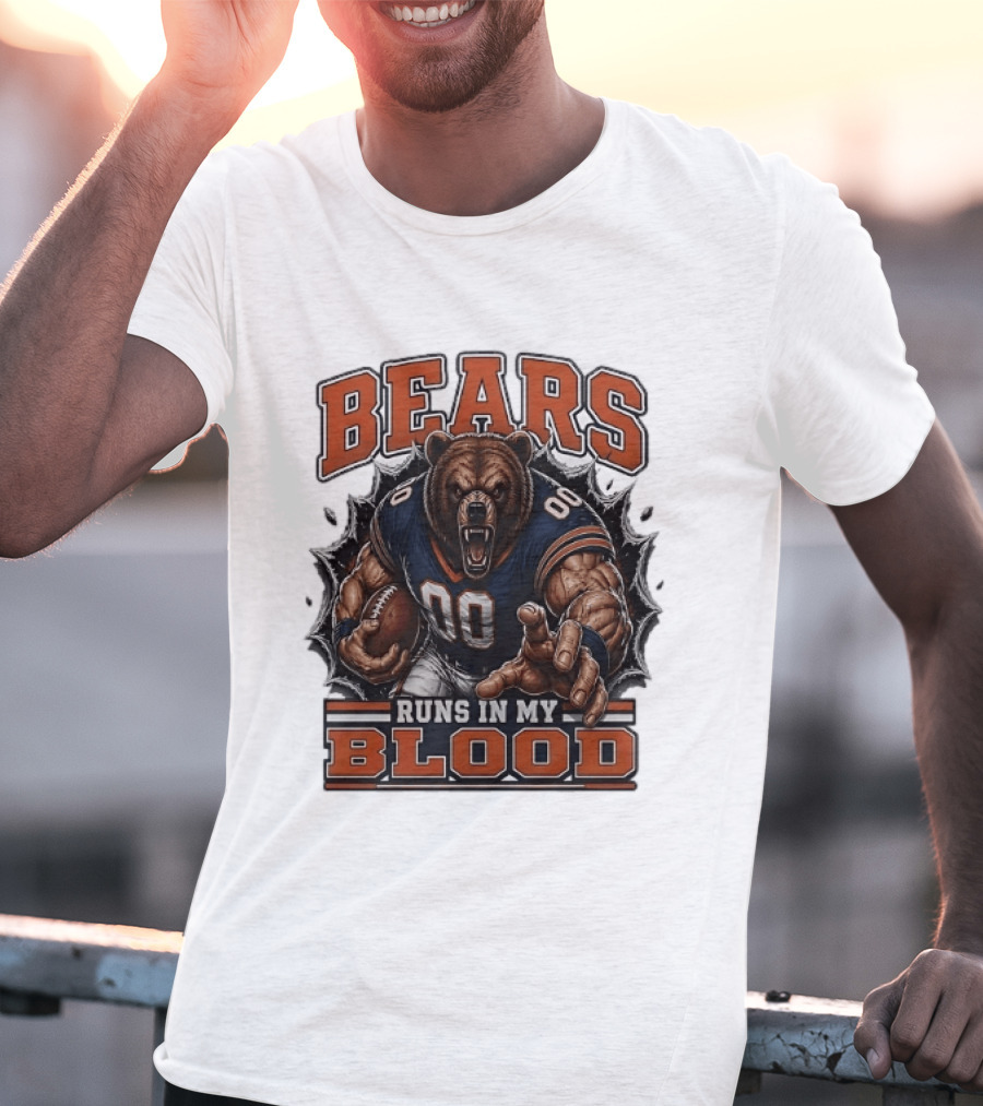 Bears Runs In My Blood Football Fierce Bear Holding Ball T-Shirt