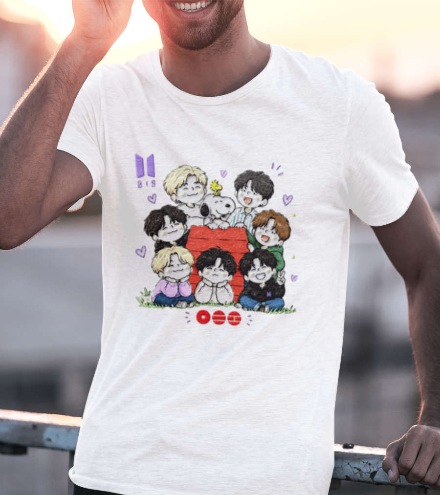 Snoopy Woodstock Peanuts BTS Members Cartoon Illustration Collaboration T-Shirt