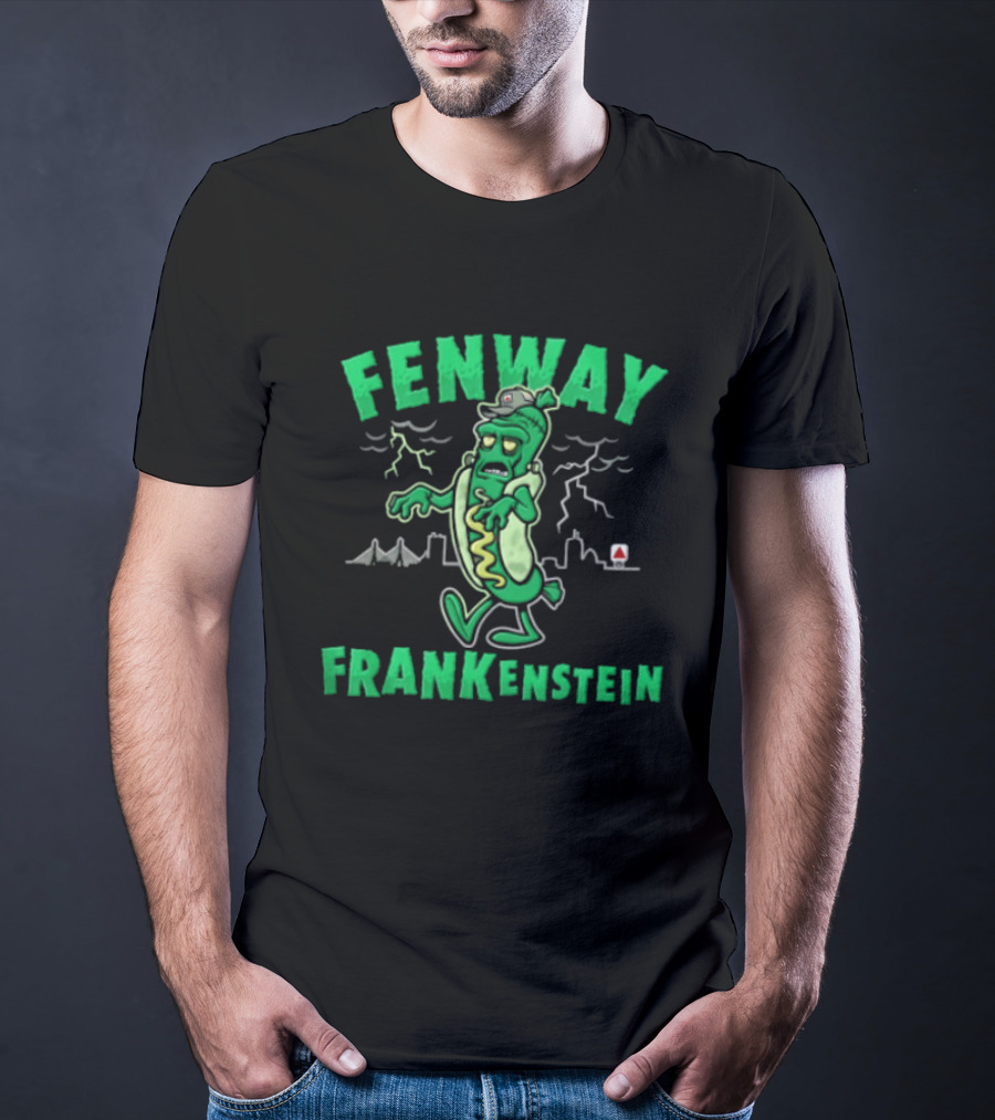 Fenway Frankenstein Halloween Zombie Monster With Lightning And Spooky Skyline T-Shirt