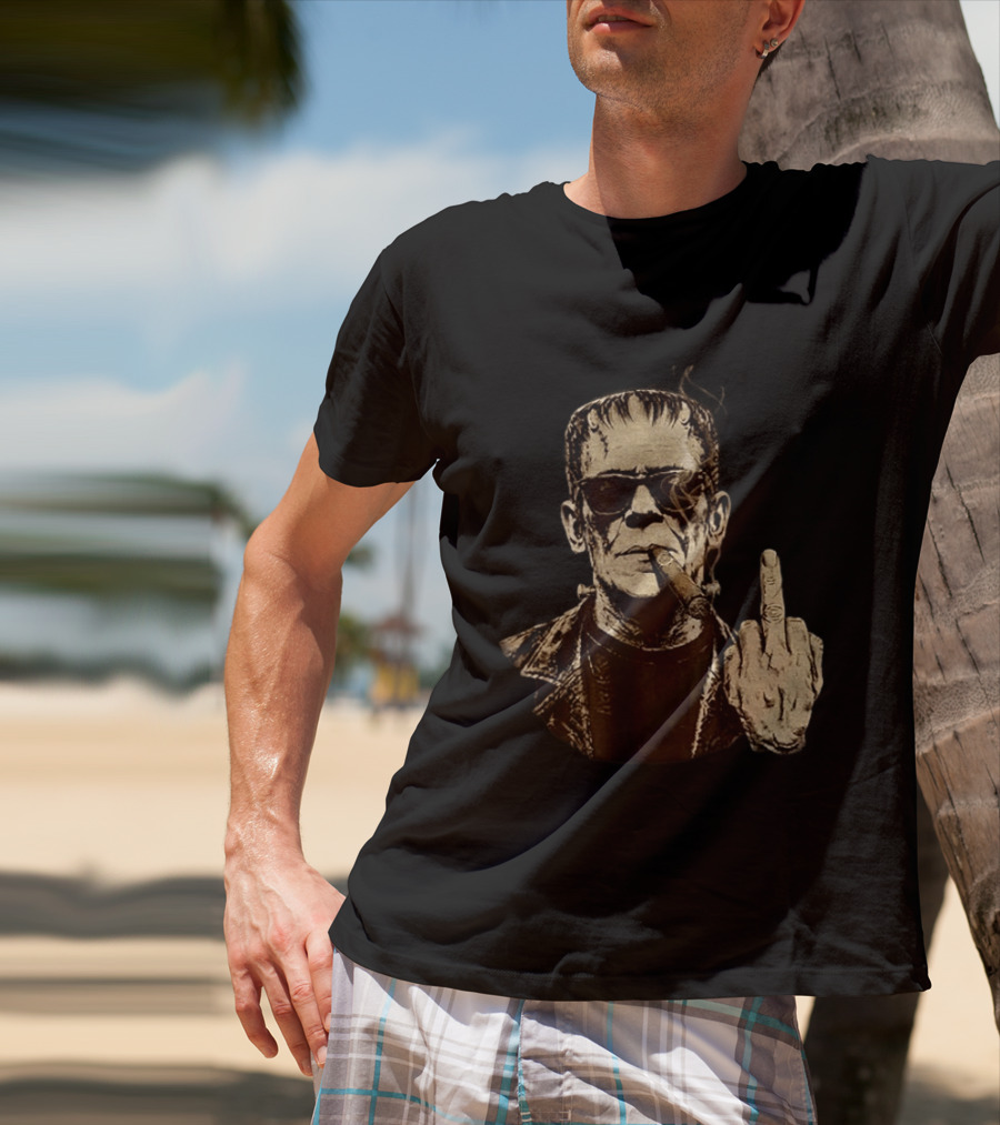 Frankenstein Cigar Middle Finger Smoking Horror Halloween T-Shirt