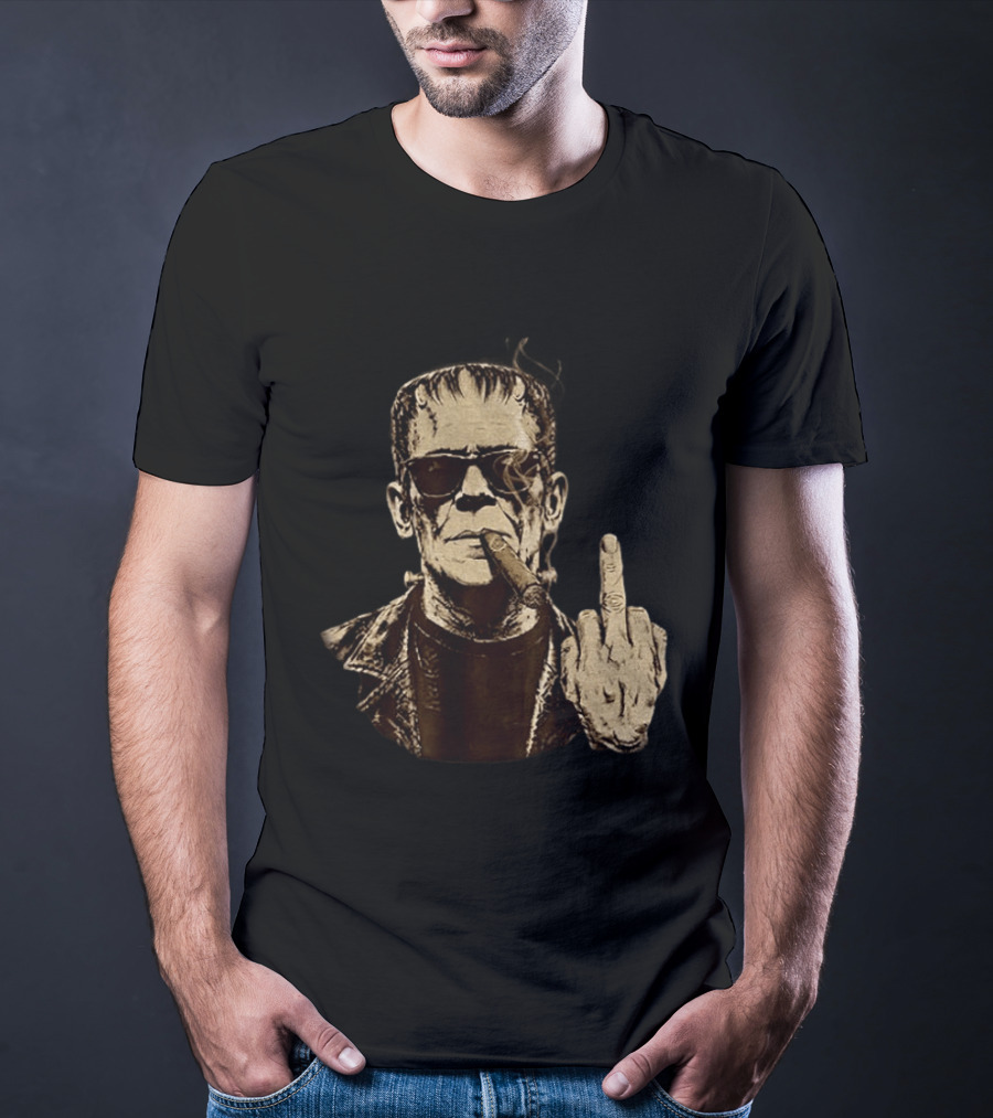 Frankenstein Cigar Middle Finger Smoking Horror Halloween T-Shirt