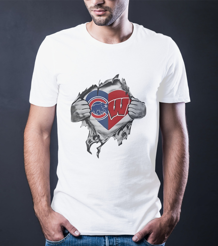 Chicago Cubs And Wisconsin Badgers Heart Rip T-Shirt