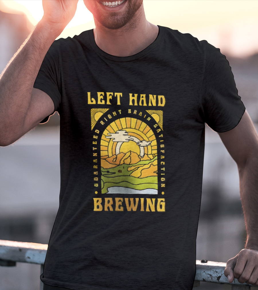 Left Hand Brewing Guaranteed Right Brain Satisfaction Sunburst River Landscape T-Shirt