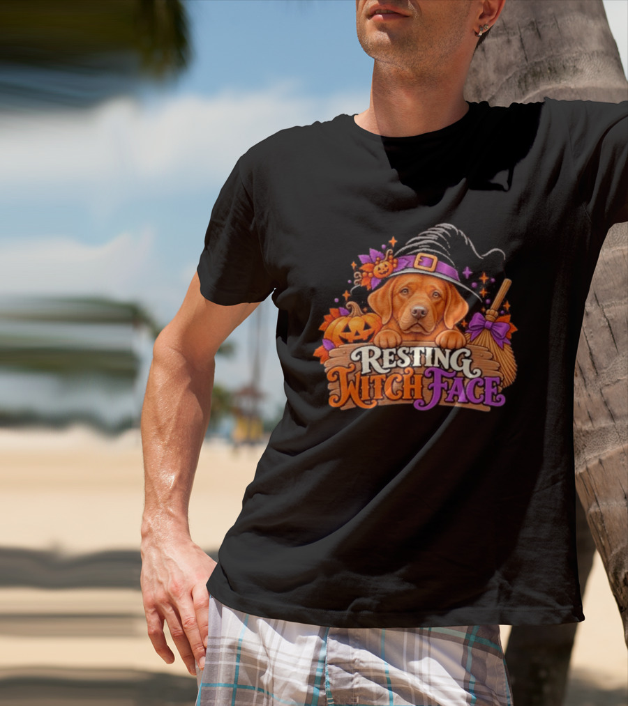 Resting Witch Face Dog Witch Hat Pumpkin Broom Halloween T-Shirt