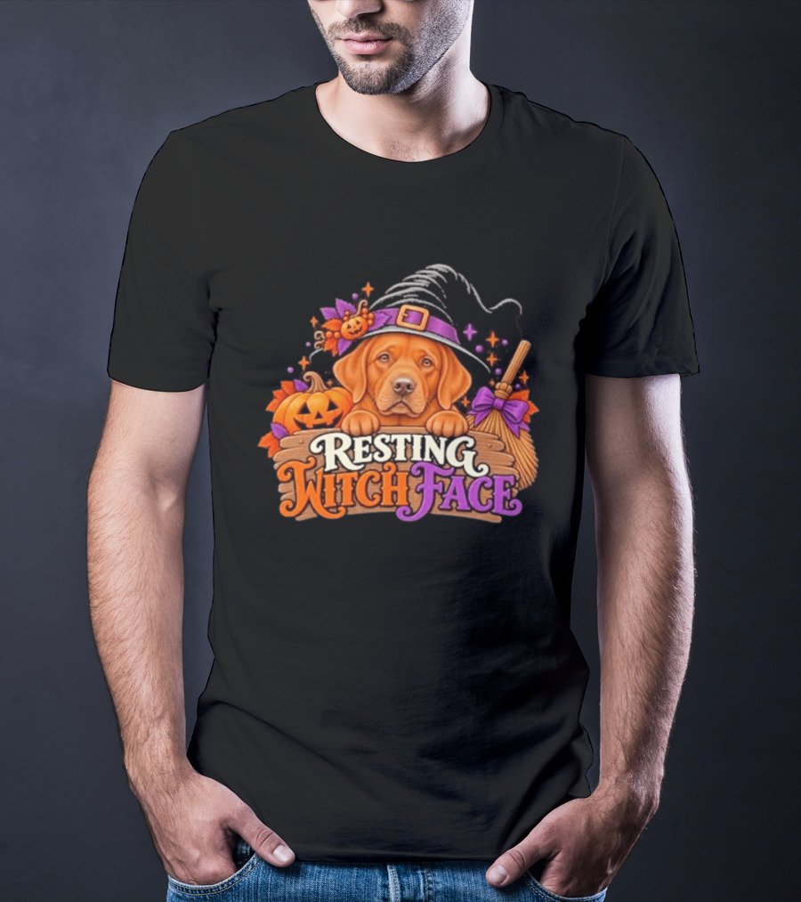 Resting Witch Face Dog Witch Hat Pumpkin Broom Halloween T-Shirt