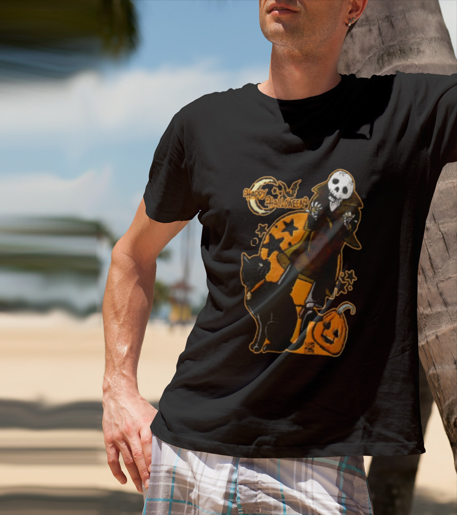 Happy Halloween Skeleton With Black Cat And Pumpkin T-Shirt