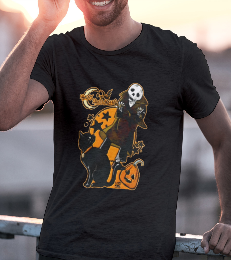 Happy Halloween Skeleton With Black Cat And Pumpkin T-Shirt