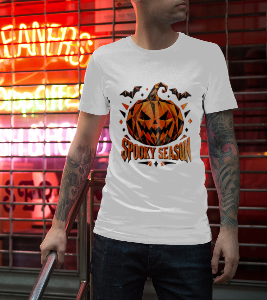 Spooky Season Geometric Pumpkin Halloween Bats T-Shirt
