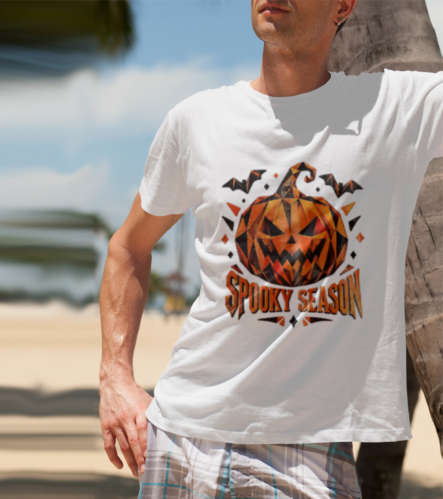 Spooky Season Geometric Pumpkin Halloween Bats T-Shirt