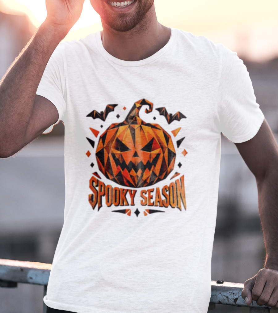 Spooky Season Geometric Pumpkin Halloween Bats T-Shirt