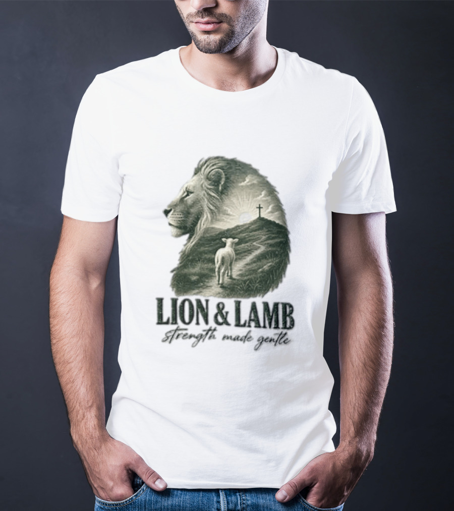Lion And Lamb Strength Made Gentle Jesus Christ Cross Calvary Christian Faith T-Shirt