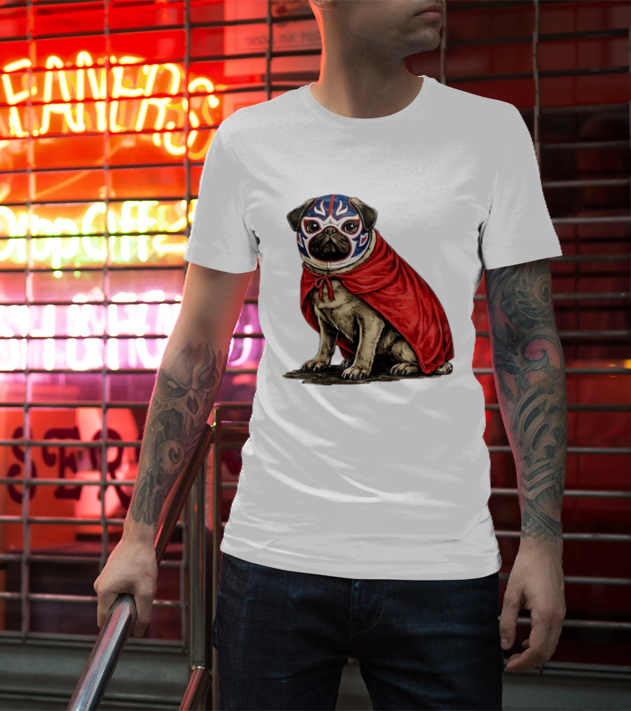 Lucha Libre Pug Red Cape Mexican Wrestling Dog Mask T-Shirt