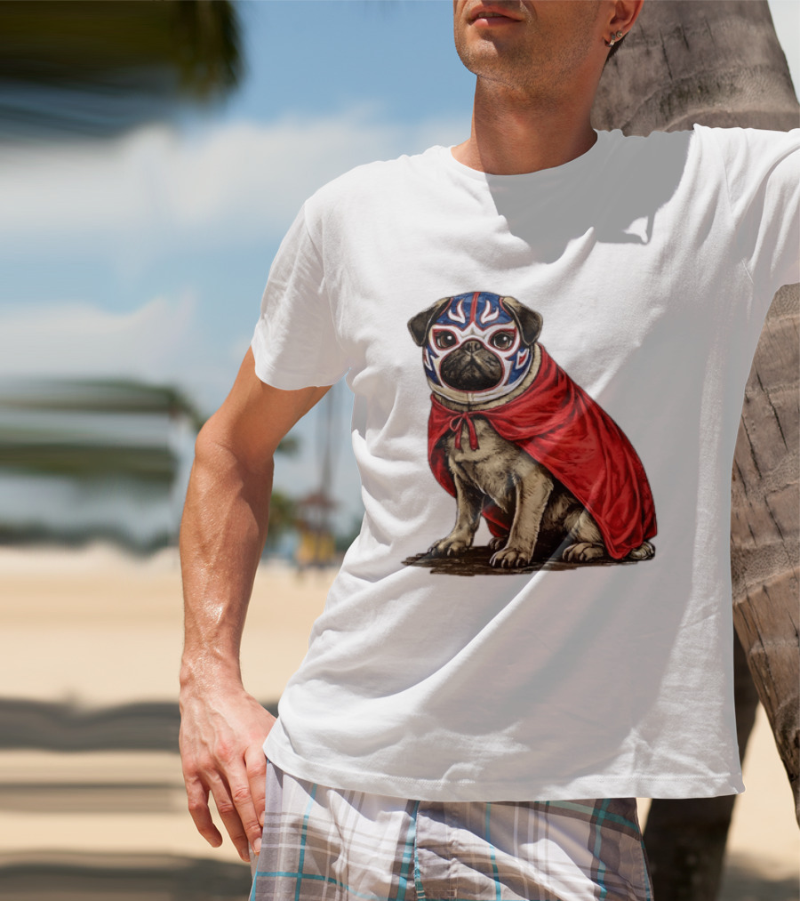 Lucha Libre Pug Red Cape Mexican Wrestling Dog Mask T-Shirt
