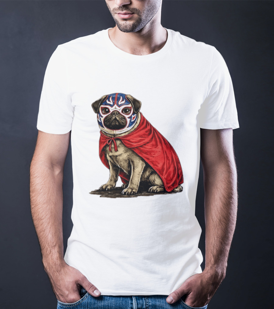 Lucha Libre Pug Red Cape Mexican Wrestling Dog Mask T-Shirt