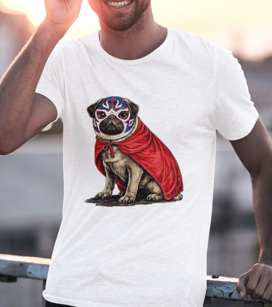 Lucha Libre Pug Red Cape Mexican Wrestling Dog Mask T-Shirt