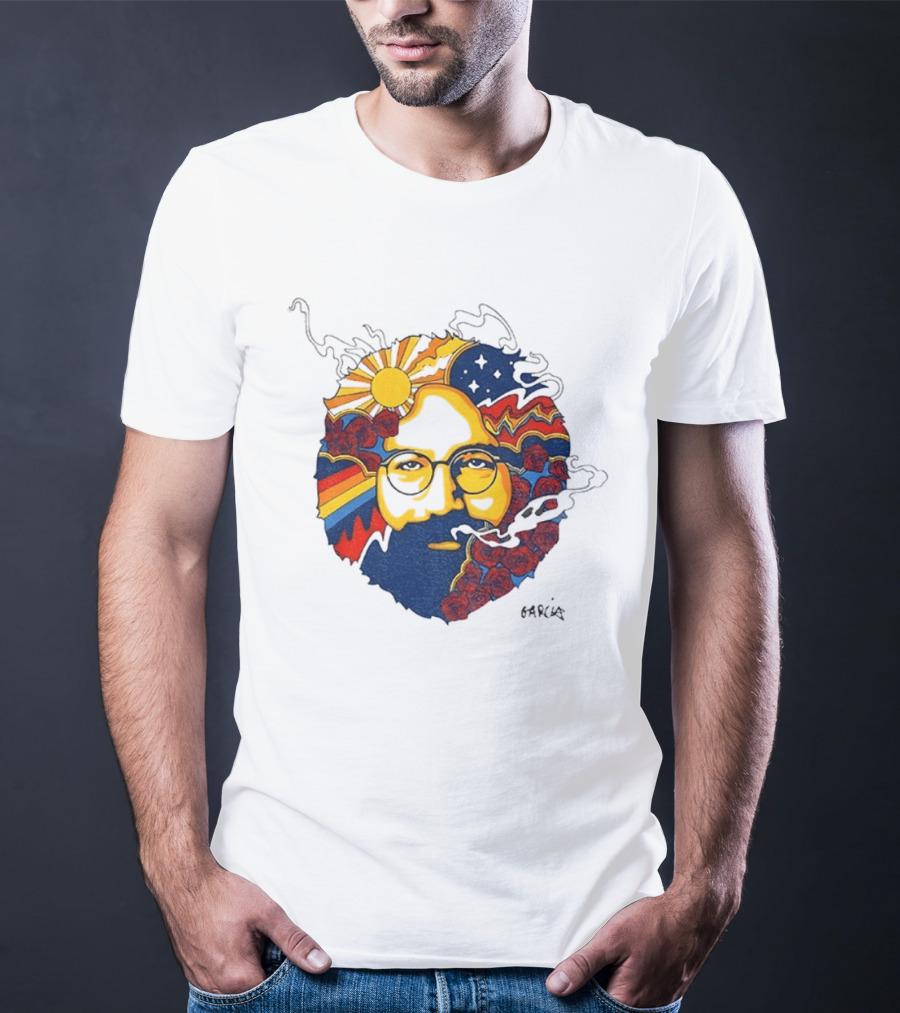 Psychedelic Jerry Garcia Face Sun Waves Stars Roses T-Shirt