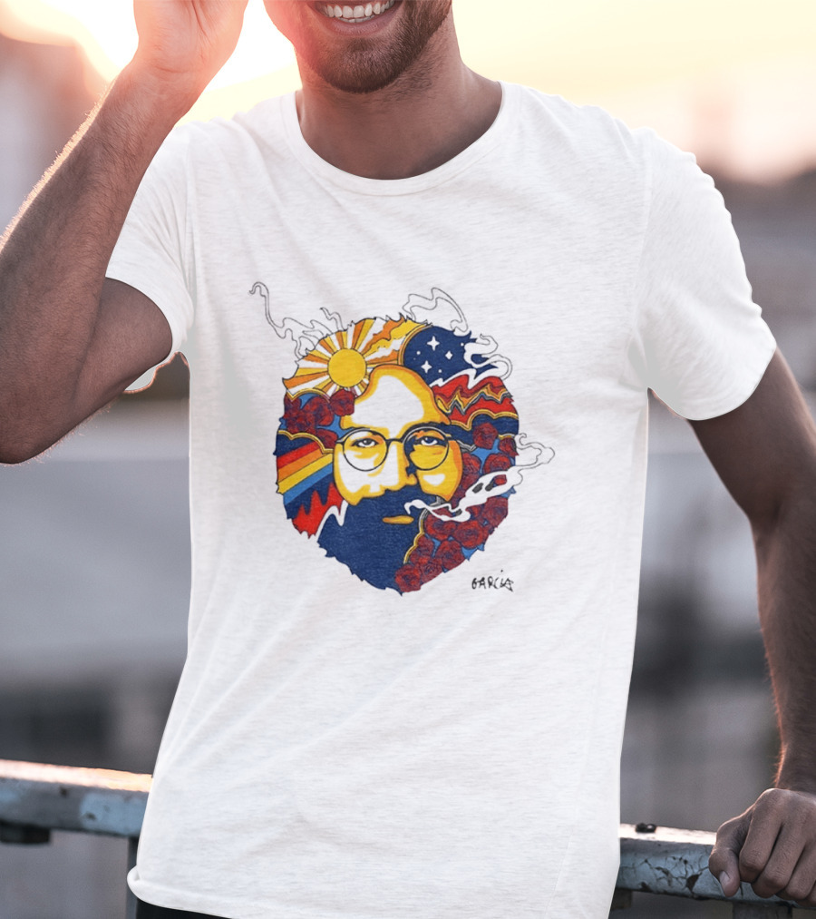 Psychedelic Jerry Garcia Face Sun Waves Stars Roses T-Shirt
