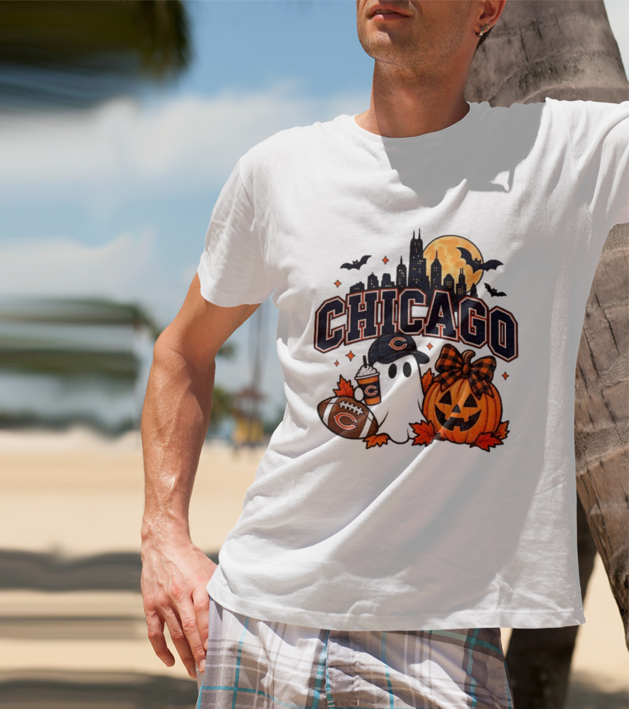 Chicago Bears Halloween Ghost Pumpkin Football Skyline Moon T-Shirt