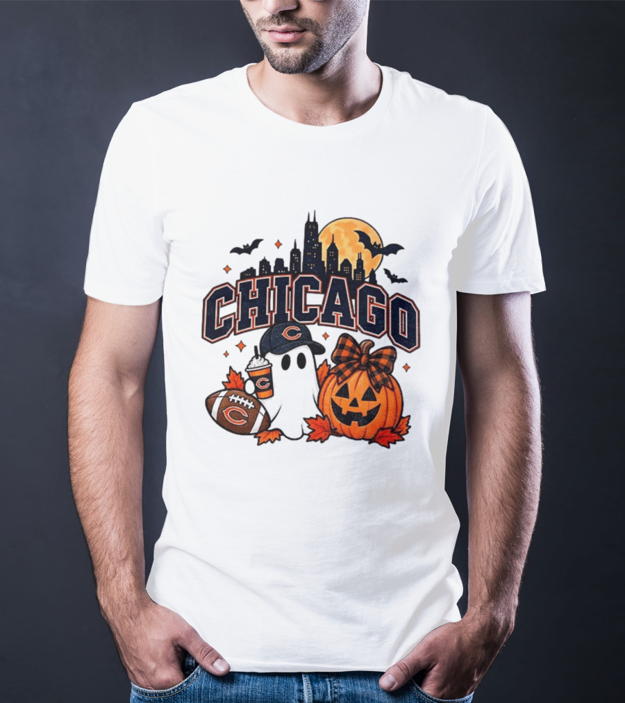 Chicago Bears Halloween Ghost Pumpkin Football Skyline Moon T-Shirt