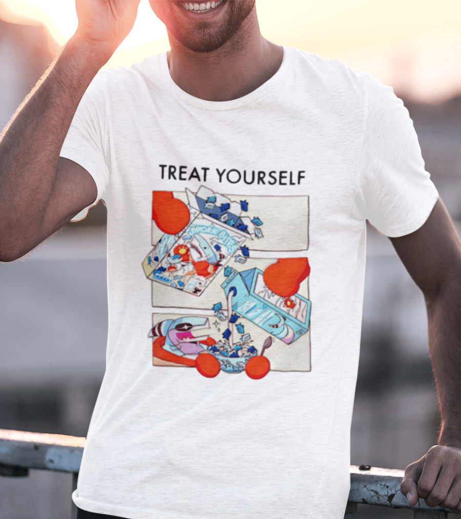 Treat Yourself Shork Bites Cereal Box Sharks Milk Breakfast Fun T-Shirt