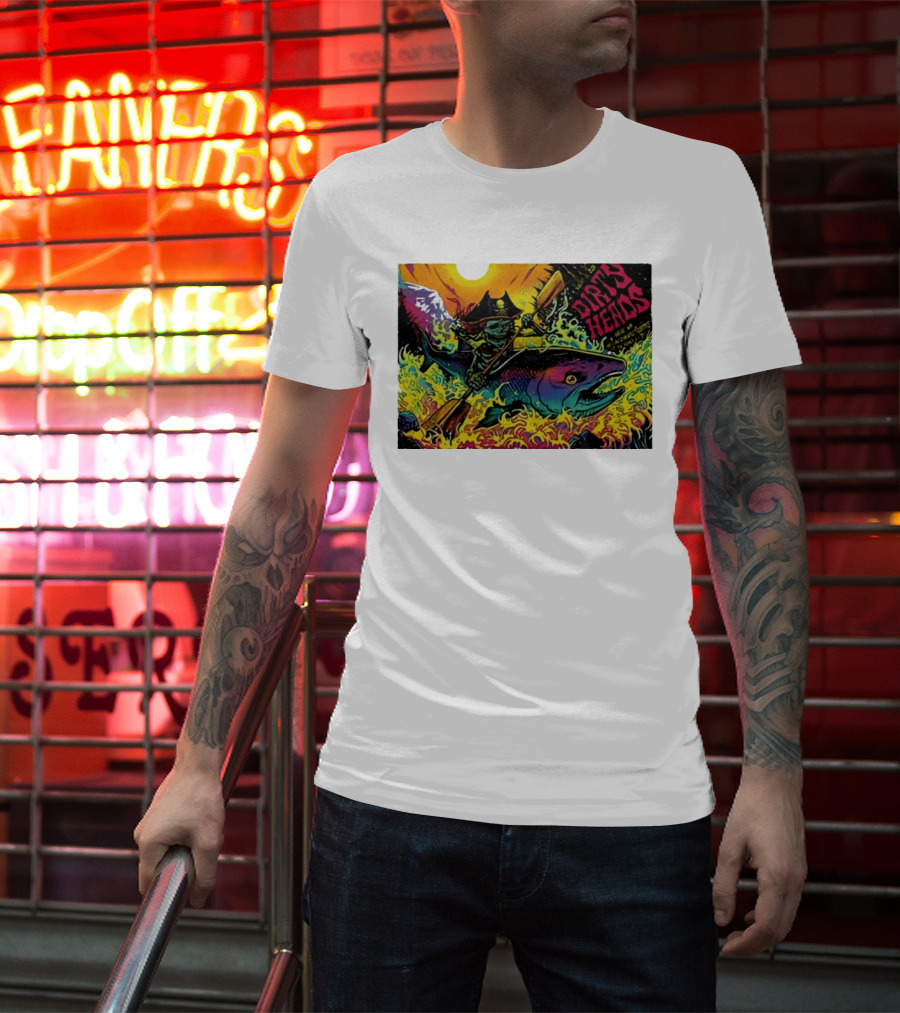 Dirty Heads Pirate Skeleton Kayaking Giant Fish Psychedelic Adventure T-Shirt