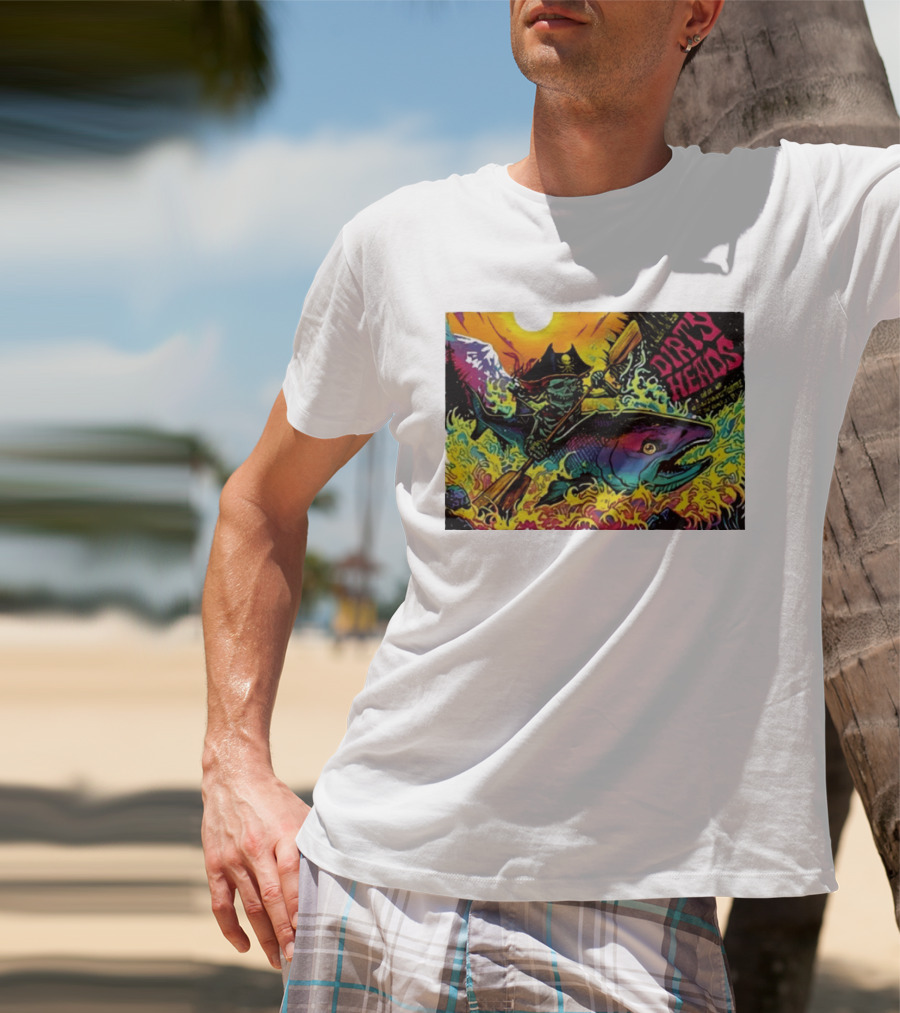 Dirty Heads Pirate Skeleton Kayaking Giant Fish Psychedelic Adventure T-Shirt