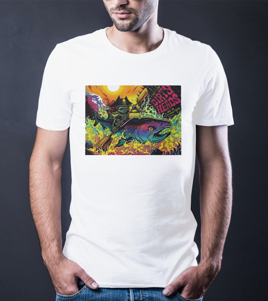 Dirty Heads Pirate Skeleton Kayaking Giant Fish Psychedelic Adventure T-Shirt