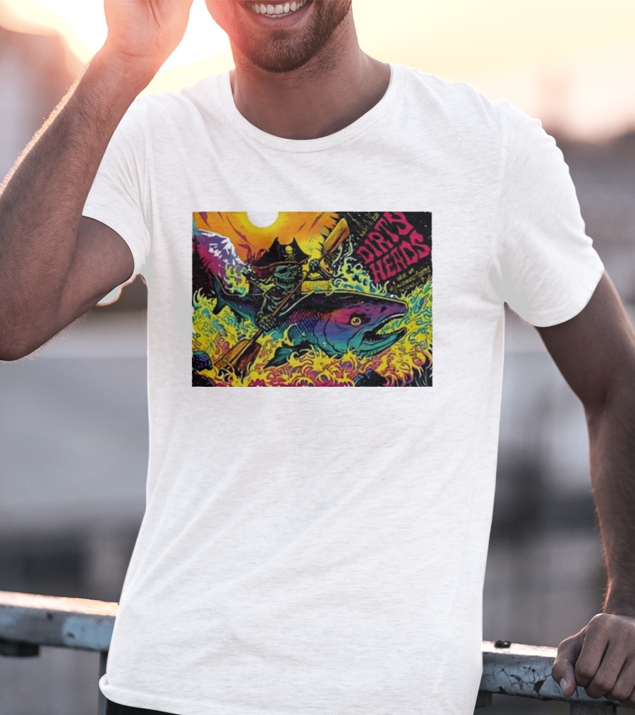 Dirty Heads Pirate Skeleton Kayaking Giant Fish Psychedelic Adventure T-Shirt