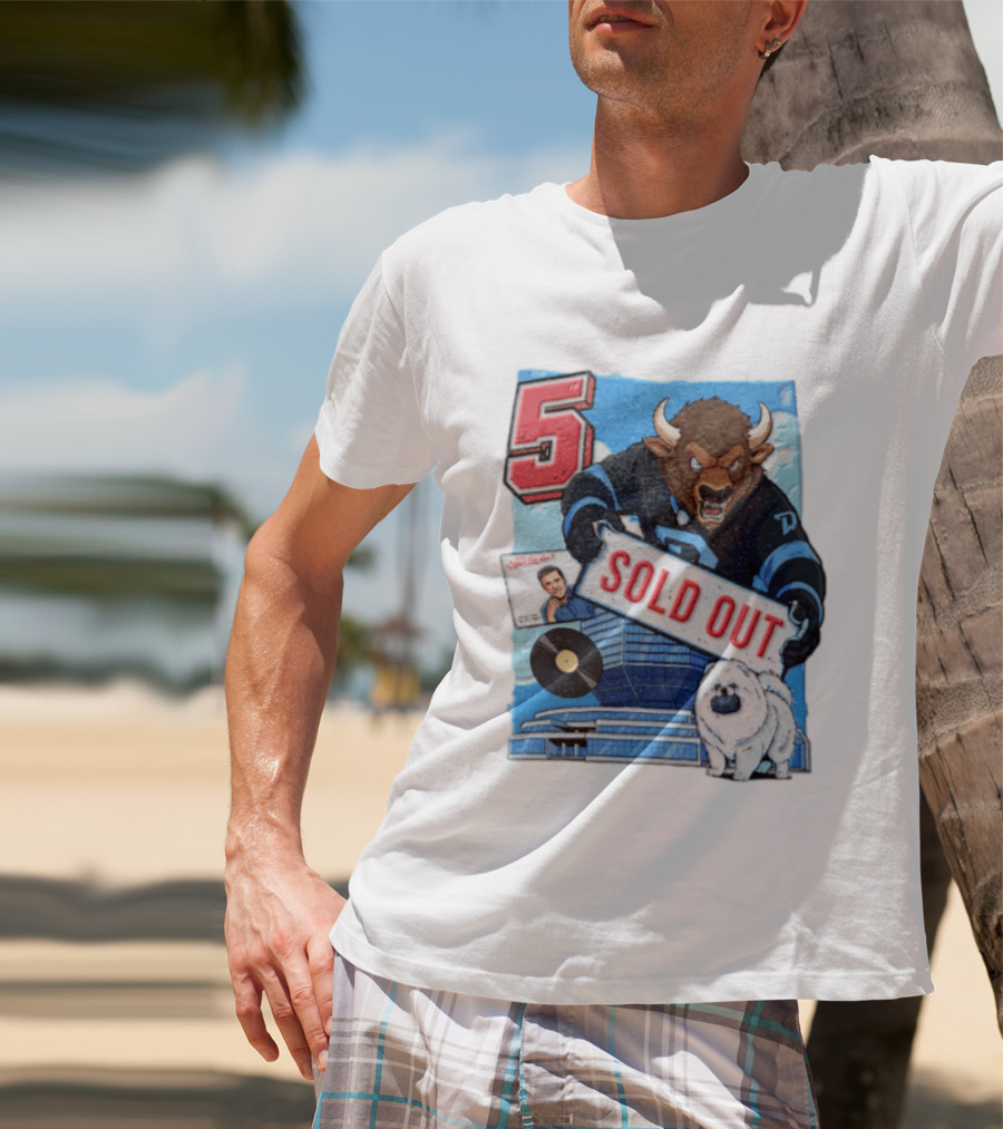 5 Bison Sold Out Sign White Fluffy Dog Holding Puck T-Shirt