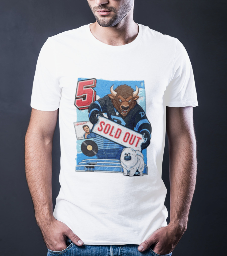 5 Bison Sold Out Sign White Fluffy Dog Holding Puck T-Shirt