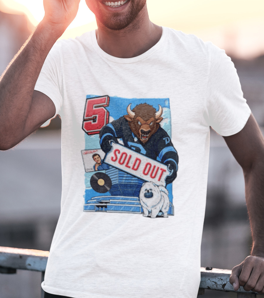 5 Bison Sold Out Sign White Fluffy Dog Holding Puck T-Shirt