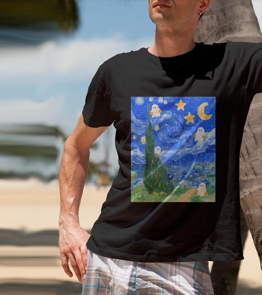 Starry Night Halloween Ghosts Vincent Van Gogh Painting T-Shirt