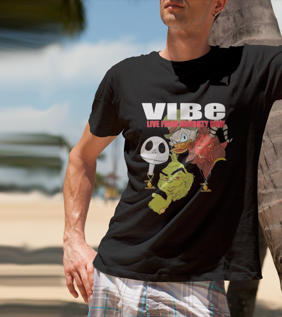 Vibe Live From Naughty Row Grinch Krampus Scrooge Jack Skellington Christmas Naughty Row Records T-Shirt