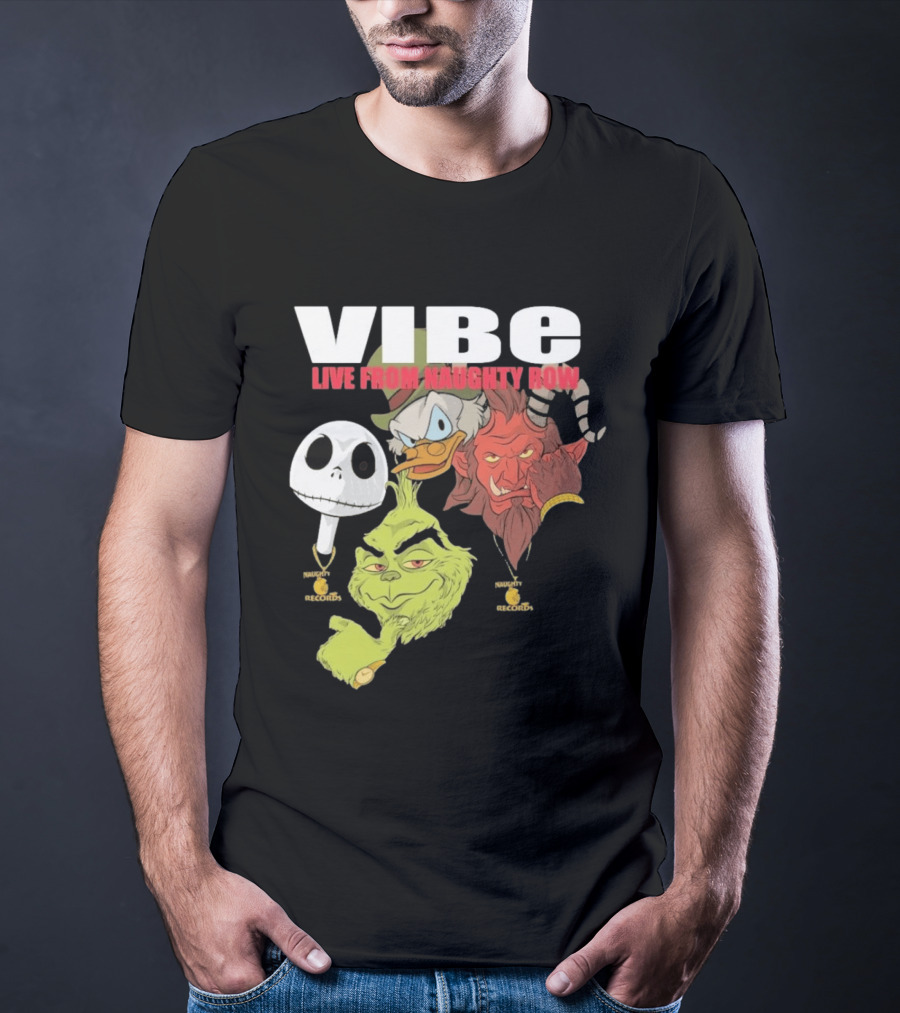 Vibe Live From Naughty Row Grinch Krampus Scrooge Jack Skellington Christmas Naughty Row Records T-Shirt