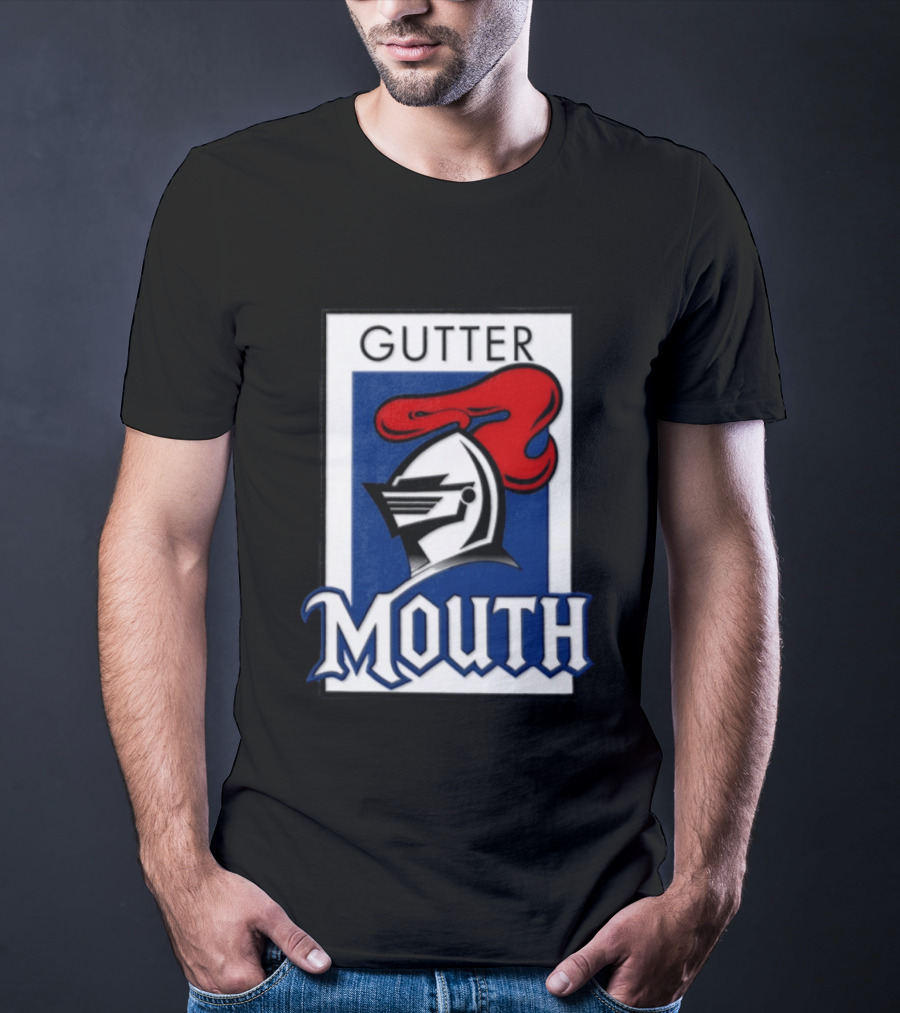 Guttermouth Newcastle Knights Collaboration Rugby League Iconic Helmet Red Blue T-Shirt