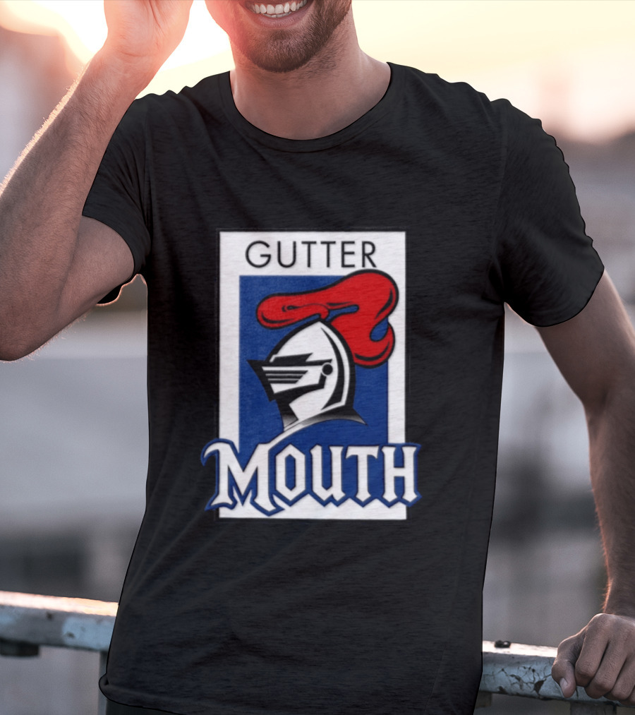 Guttermouth Newcastle Knights Collaboration Rugby League Iconic Helmet Red Blue T-Shirt