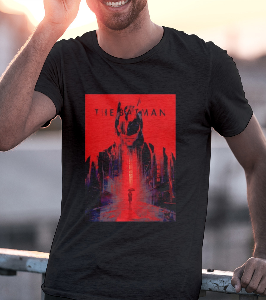 The Batman Monarch March Red Background Iconic Gotham Scene T-Shirt