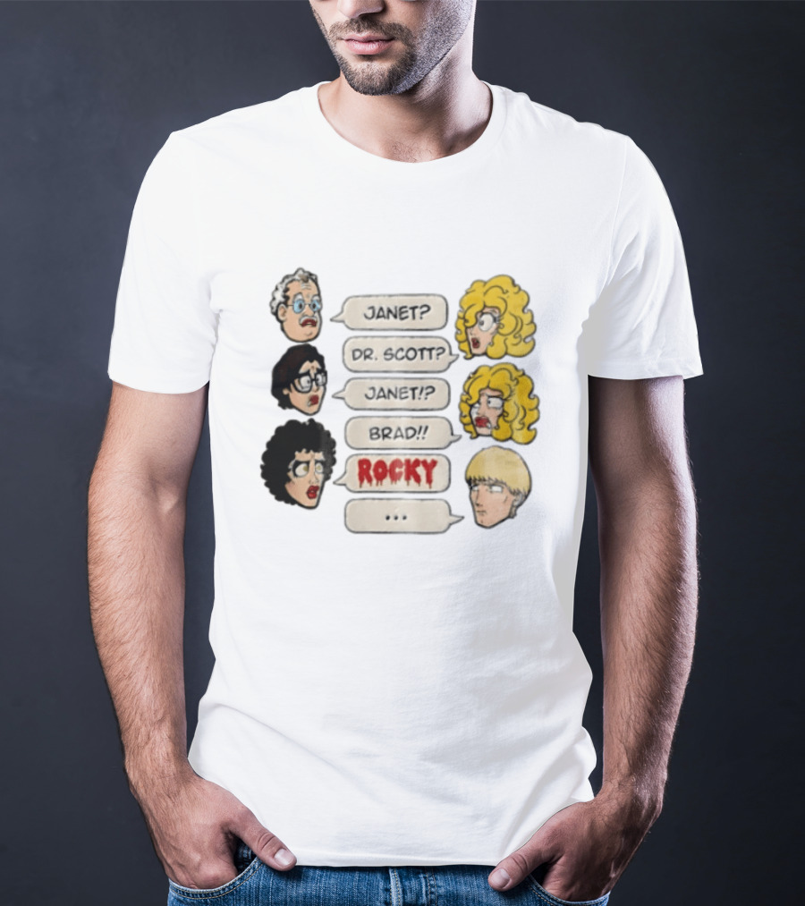 Janet Dr Scott Brad Rocky Horror Picture Show Speech Bubbles Cartoon Heads Dialogue T-Shirt
