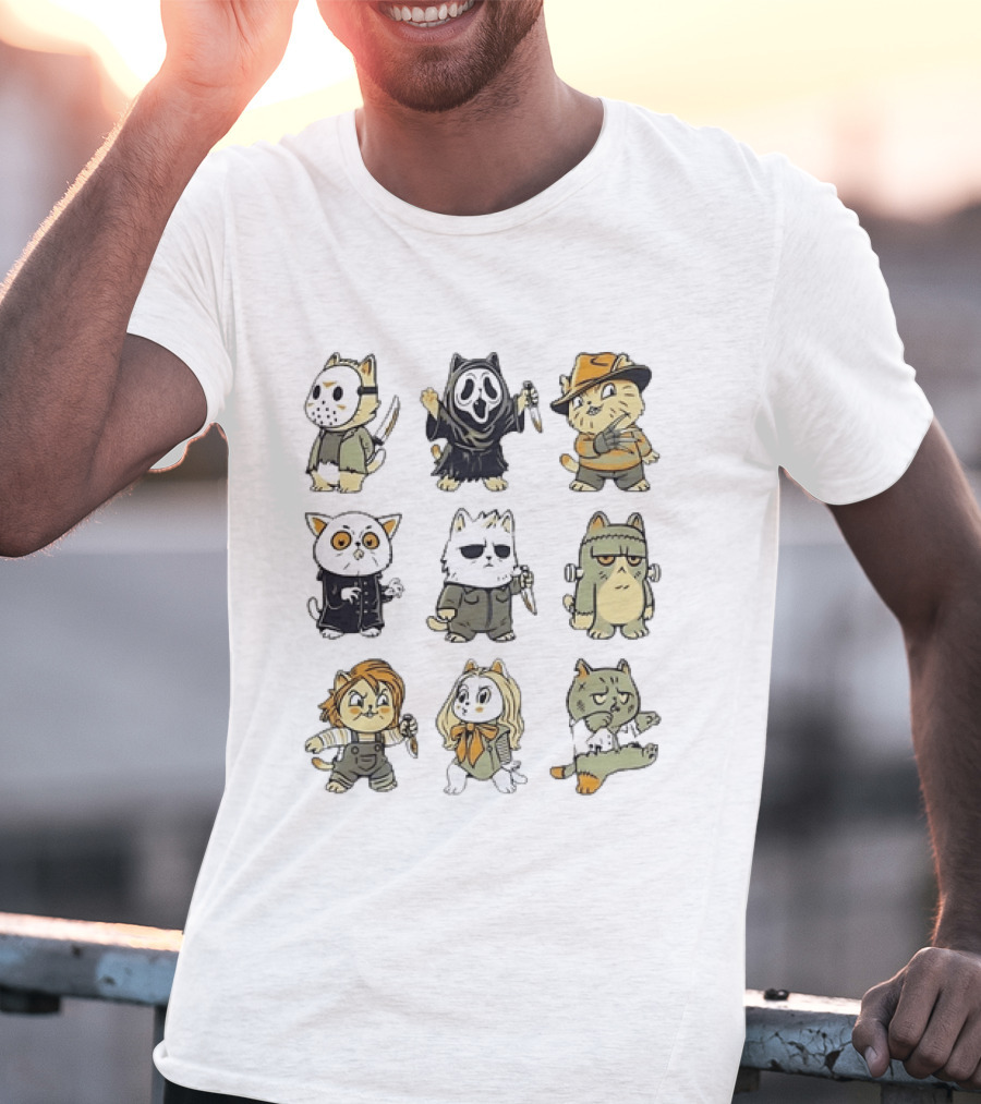 Horror Movie Cats Meowster Party Jason Ghostface Freddy Krueger Halloween T-Shirt