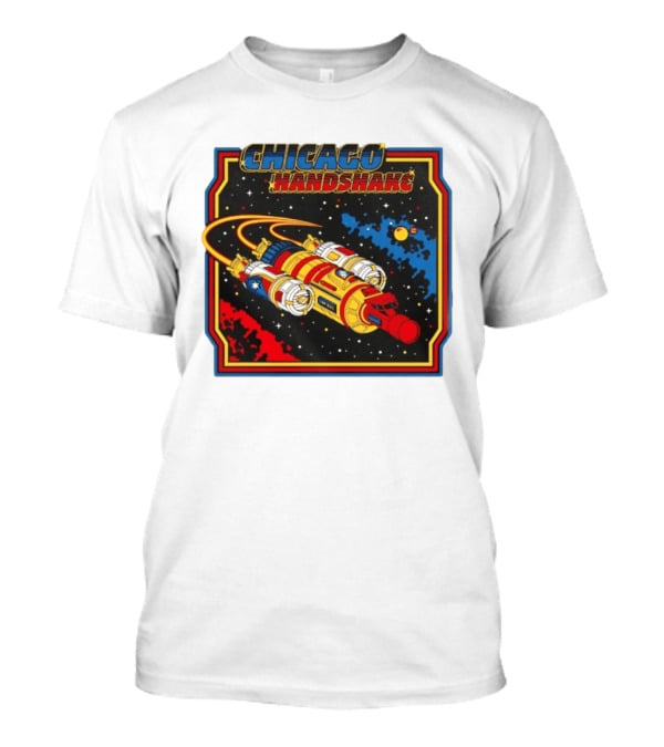 Chicago Handshake Spaceship Malort Old Lager Retro Sci Fi Space Adventure T-Shirt