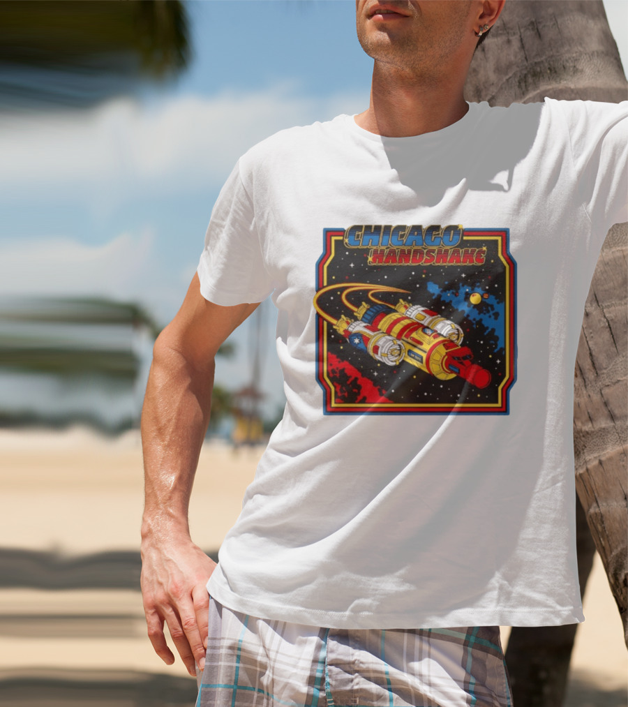 Chicago Handshake Spaceship Malort Old Lager Retro Sci Fi Space Adventure T-Shirt
